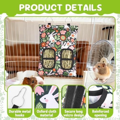 3 Pcs Rabbit Hay Feeder, 2-Hole Hanging Guinea Pig Hay Bags Washable Bunny Hay Bag for Rabbits, Chinchillas, Hamsters, Small Pets and Animals (11.8"×8.7")