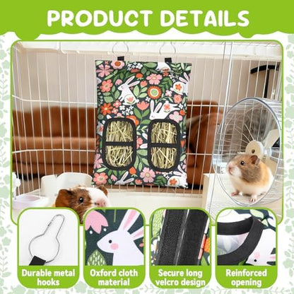 3 Pcs Rabbit Hay Feeder, 2-Hole Hanging Guinea Pig Hay Bags Washable Bunny Hay Bag for Rabbits, Chinchillas, Hamsters, Small Pets and Animals (11.8"×8.7")