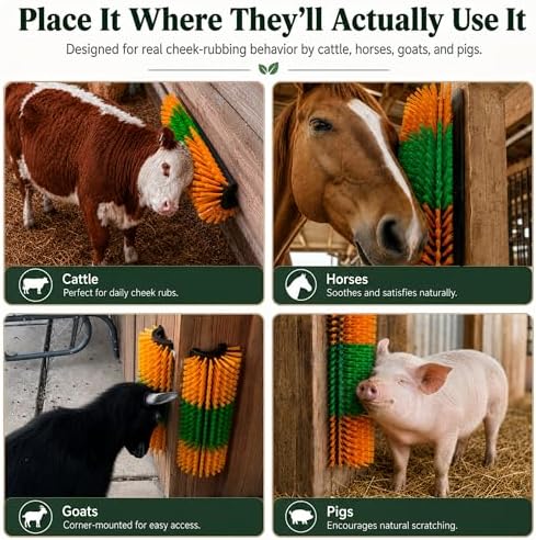 Livestock Scratching Brush 2 Pack for Itchy Coats, Goat and Horse Scratcher for Cows, Horses, Goats, Pigs and Donkeys, Mounts on Posts, Fences, Stalls and Tree Stumps