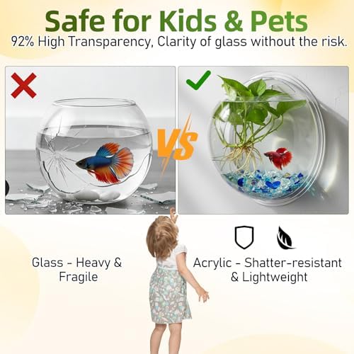 iplusmile Wall Mounted Fish Bowl - 9 Inch Round Acrylic Betta Fish Tank, Hanging Bubble Vase for Plant Propagation & Home Office Wall Decorations