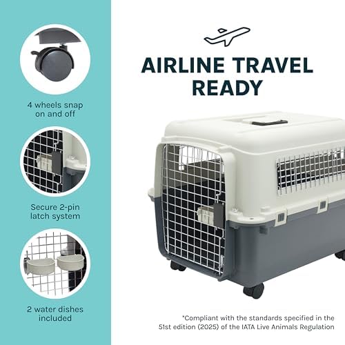 SportPet Airline Compliant MEDIUM 26.5" Travel Dog Kennel-Durable Plastic Airline Pet Carrier w/Removable Wheels & Food Bowls, Collapsible Indoor/Outdoor Dog Kennel, Dogs up to 23"L & 15"H-Cream/Gray