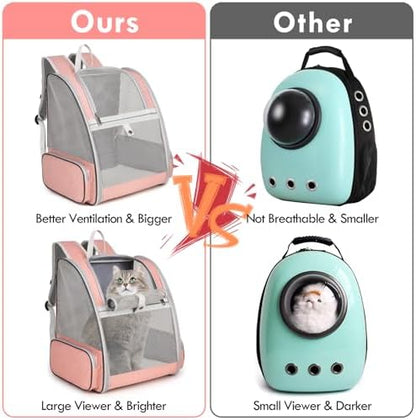 Cat Backpack Carrier, Large Pet Backpack with Kitten Wand Feather Toy for Medium Small Dog Cat Puppy Kitty Bunny up to 15lbs, Ventilated Mesh Dog Travel Carrier for Hiking Walking Outdoor Use (Pink)