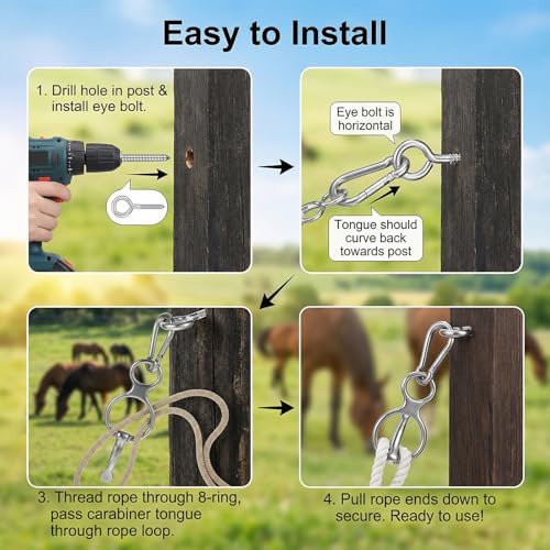 2 Sets Horse Tie Ring, Stainless Steel Magnetic Tie Ring for Horses, Safe Horse Training Equipment with Eye Bolt & Quick Snap, Horses Tack Supplies for Stables, Trailers, Fences
