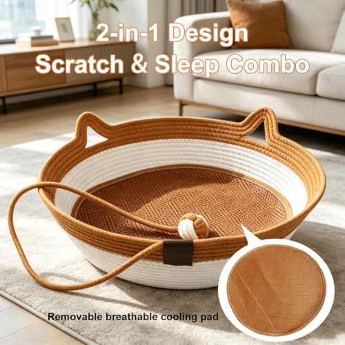 2-in-1 Cat Bed with Scratch Pad, Cotton Rope Woven, Round, Removable Breathable Cooling Pad, Odorless Anti-Static