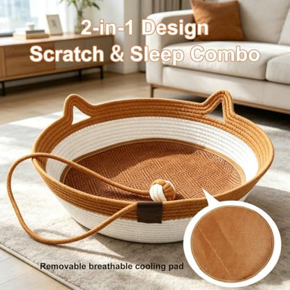 2-in-1 Cat Bed with Scratch Pad, Cotton Rope Woven, Round, Removable Breathable Cooling Pad, Odorless Anti-Static