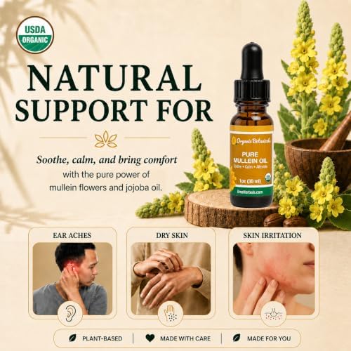 Pure Organic Mullein Oil - Organic Mullein Ear Oil Drops - Natural Ear Care Solution for Earaches, Tinnitus, and Kids - Herbal Mullein Extract Liquid for Soothing Relief (1 oz)