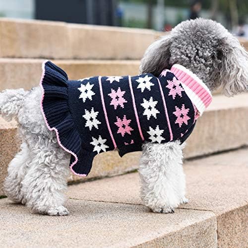 KYEESE Dog Sweater Fall Winter for Girl Dog Clothes Warm Pet Coats Dogs Sweater Dress with Snowflake Pattern Knit Turtleneck Pullover with Leash Hole for Small Dogs, Girl Navyblue, X-Large
