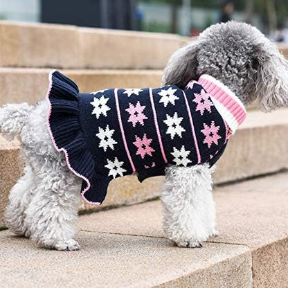 KYEESE Dog Sweater Fall Winter for Girl Dog Clothes Warm Pet Coats Dogs Sweater Dress with Snowflake Pattern Knit Turtleneck Pullover with Leash Hole for Small Dogs, Girl Navyblue, X-Large