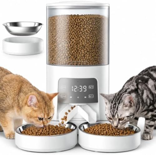 DUMOS 6L Automatic Cat Feeder for 2 Cats, Timed Pet Food Dispenser, Ivory