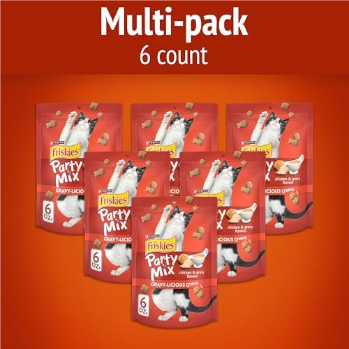 Friskies Purina Made in USA Facilities Cat Treats, Party Mix Crunch Gravylicious Chicken & Gravy Flavors - (6) 6 oz. Pouches