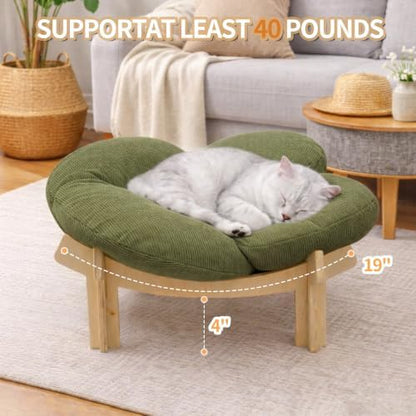 Elevated Wooden Cat Bed with Fluffy Removable Cushion, Modern Petal Shaped Cat Couch Sofa for Indoor Cats Small Dogs 40lbs Capacity Easy to Assemble (Green)