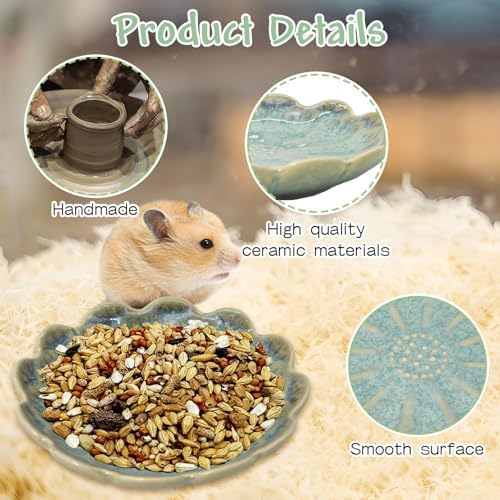 BNOSDM Shallow Ceramic Hamster Food Dish 2 Pcs Small Animals Food Bowl Sunflower Feeding Dishes for Gerbils Mice Rats 4.5in (Dark Green)