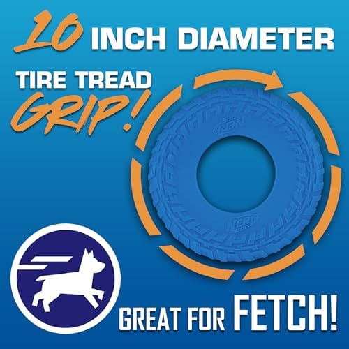 Nerf Dog Tire Flyer Outdoor Dog Toy, 10 Inch Flying Disc Dog Fetch Toy, Rubber Dog Toy for Medium Dogs and Large Dogs, Blue (Pack of 2)