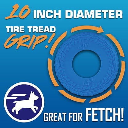 Nerf Dog Tire Flyer Outdoor Dog Toy, 10 Inch Flying Disc Dog Fetch Toy, Rubber Dog Toy for Medium Dogs and Large Dogs, Blue (Pack of 2)