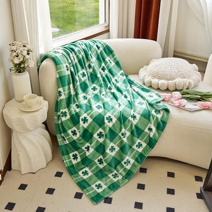 Elegant Comfort Velvet Touch Ultra Plush St Patricks Day Lucky Spring Green Clover Shamrock Irish Printed Fleece Throw/Blanket-50 x 60inch, Lucky Plaid Clover