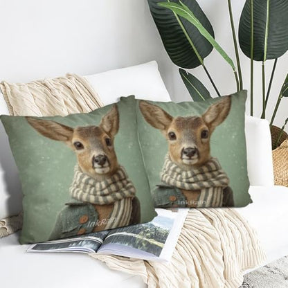 InkRain Winter Animal Cute Deer Pillow Cover 26x26 Inch Set of 2 Home Decor Decorative Cotton Linen Illustration Pillowcases for Living Room House Sofa