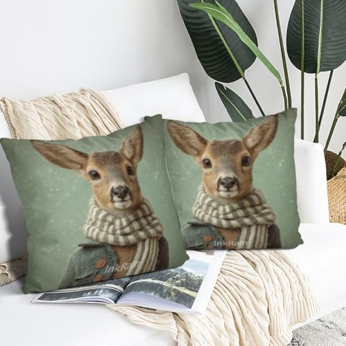 InkRain Winter Animal Cute Deer Pillow Cover 14x14 Inch Set of 2 Home Decor Decorative Cotton Linen Illustration Pillowcases for Living Room House Sofa
