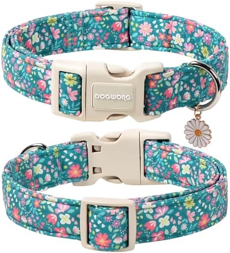 DOGWONG Blue Flower Dog Collar, Purple Daisy Dog Collar Adjustable Soft Fabric Girl Pet Dog Collars Cute Puppy Necklace for Small Medium Large Dogs