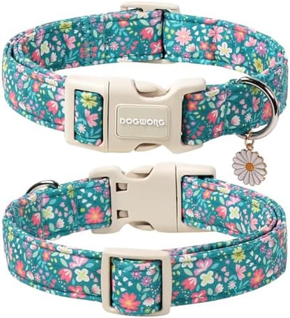 DOGWONG Blue Flower Dog Collar, Purple Daisy Dog Collar Adjustable Soft Fabric Girl Pet Dog Collars Cute Puppy Necklace for Small Medium Large Dogs