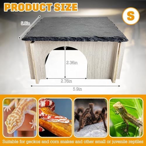 PINVNBY Bearded Dragon Basking Platform, Wood Reptile Hides and Caves, Crested Gecko Hide with Slate Rock, Leopard Gecko Tank Accessories for Small Lizard Snake Turtle (S: 5.9x5.9 inches)