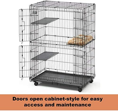 MidWest Homes for Pets Folding Metal Indoor Cat Playpen, Cage Includes Locking Wheels, 3 Platforms, Removable Tray, Plush Bed, Suited for 1-3 Cats