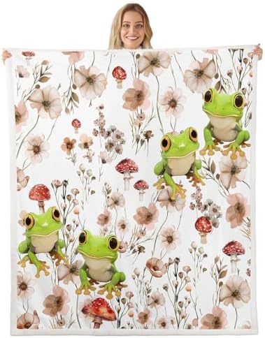 Erosebridal Kids Kawaii Frog Blankets and Throws 40"x50",Mushroom and Frog Blanket Throw for Girls Boys,Wild Animal Print Fleece Blanket Farmhouse Flower Fuzzy Blanket for Bed Sofa Decor