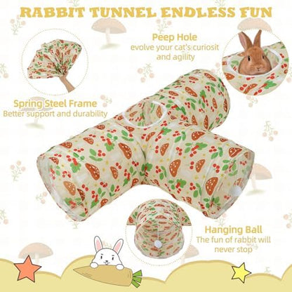 BWOGUE Bunny Tunnels & Tubes, 3-Way Collapsible Rabbit Hideout for Bunnies