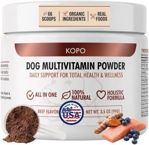 Kopo Dog Multivitamin Powder | Supports Heart, Daily Vitality, Immunity, Digestion, Skin & Coat and Hip & Joint | Dog Vitamins from Real Foods | Beef Flavor | All Breeds | Made in USA | 66 Scoops