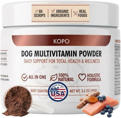 Kopo Dog Multivitamin Powder | Supports Heart, Daily Vitality, Immunity, Digestion, Skin & Coat and Hip & Joint | Dog Vitamins from Real Foods | Beef Flavor | All Breeds | Made in USA | 66 Scoops