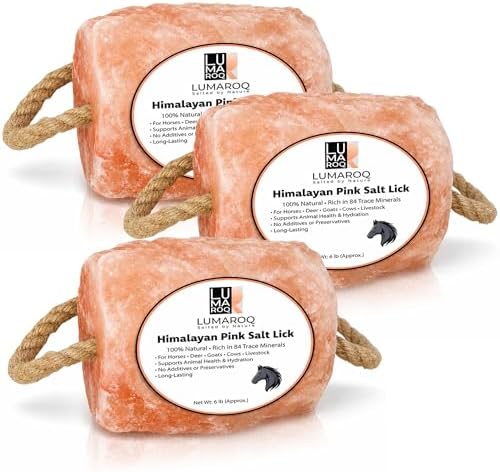 Himalayan Pink Salt Lick On Rope 6lbs for Horses, Deer, Goats & Livestock, Natural Mineral Salt Block with 84 Trace Minerals, Hanging Horse Salt Lick for Farm Animals & Wildlife (Pack of 3)