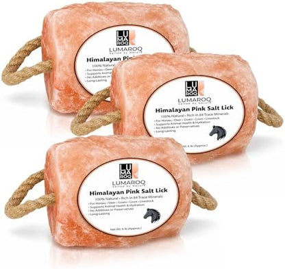 Himalayan Pink Salt Lick On Rope 6lbs for Horses, Deer, Goats & Livestock, Natural Mineral Salt Block with 84 Trace Minerals, Hanging Horse Salt Lick for Farm Animals & Wildlife (Pack of 3)