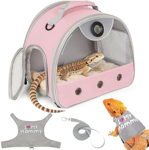 Adjustable Harness Leash Bearded Dragon Carrier,Breathable Reptile Travel Bag with Built-in Thermometer Hygrometer&Clear View Window,Portable Habitat for Lizard,Ball Python & Small Reptiles