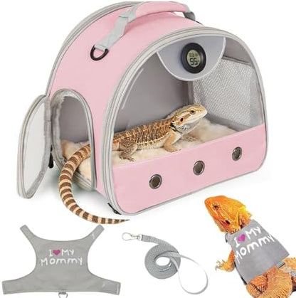 Adjustable Harness Leash Bearded Dragon Carrier,Breathable Reptile Travel Bag with Built-in Thermometer Hygrometer&Clear View Window,Portable Habitat for Lizard,Ball Python & Small Reptiles