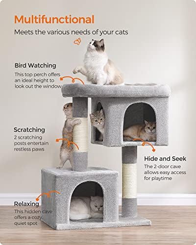 Feandrea Cat Tree, 40.6-Inch Tall Cat Tower, Cute Plush Condo, Light Gray