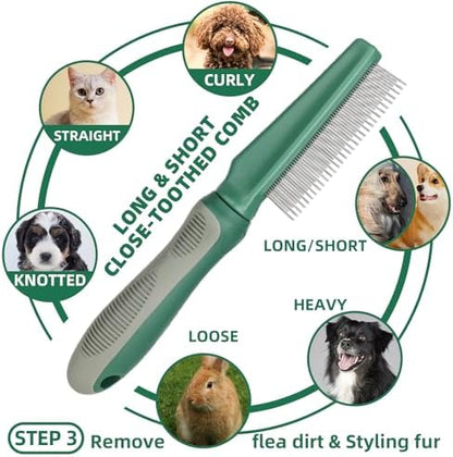 Pet Grooming Kit - 7 PCS Green Deshedding Brush Set with Undercoat Rake, Slicker Brush, Bath Brush & Nail Clipper for Short & Long-Haired Dogs and Cats