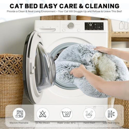 YUDANSI Calming Small Dog Bed & Indoor Cat Bed - Plush Fluffy Hooded Cave Nest, Anti-Slip Self-Warming, Washable Built-in No-Collapsing Support (Grey-65cm/26in)