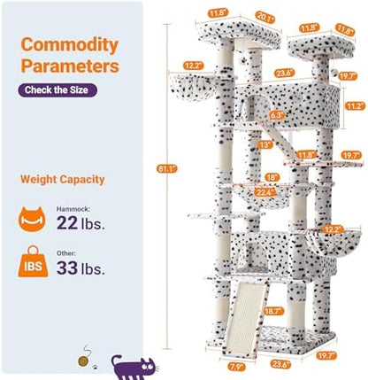 Allewie 81 Inches Tall Cat Tree/Multi-Level Large Climbing Tree House and Towers for Big Feline/Condo and Hammock/Scratching Post/Wide Base/White & Black Spot