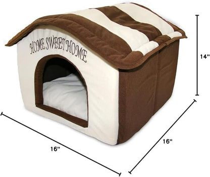 Best Pet Supplies Cat Bed for Indoor Cat, Domed Tent House with Removable Pillow, Covered Cat Cave for Small Dog, Puppies and All Breeds of Cats - Beige w/ Brown Stripes, 16 x 16 x H:14"