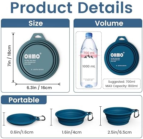 OHMO Large Collapsible Dog Bowls, Steel Rim, 27oz, 2pcs, Dark&Light Blue