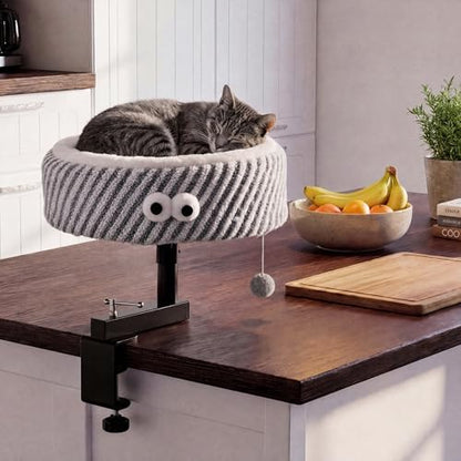 Cat Desk Bed, 2-in-1 Clamp On Desk Mount Perch & Nest, 360° Rotating Adjustable, 60 LBS Safe Weight Capacity, Washable Cushion for Small & Large Cats, Home Office Desk Hammock (Gray)