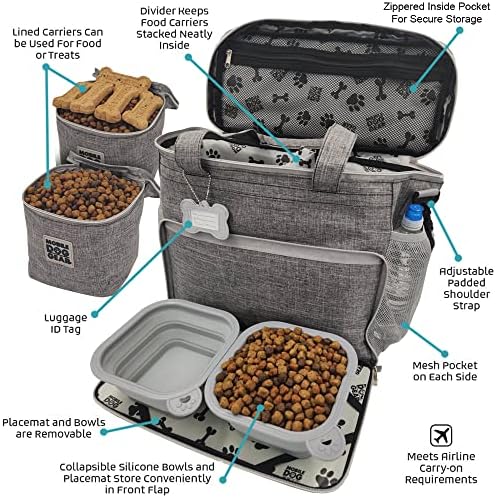 Mobile Dog Gear, Week Away Dog Travel Bag for Medium and Large Dogs, Includes 2 Lined Food Carriers and 2 Collapsible Dog Bowl, Meets Airline Requirements, Heathered Gray