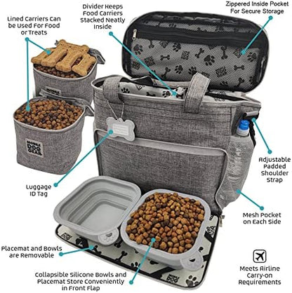 Mobile Dog Gear, Week Away Dog Travel Bag for Medium and Large Dogs, Includes 2 Lined Food Carriers and 2 Collapsible Dog Bowl, Meets Airline Requirements, Heathered Gray