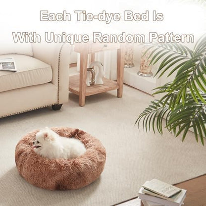 23 in Faux Fur Fluffy Donut Dog Bed for Small Dogs,Tie-dye Brown