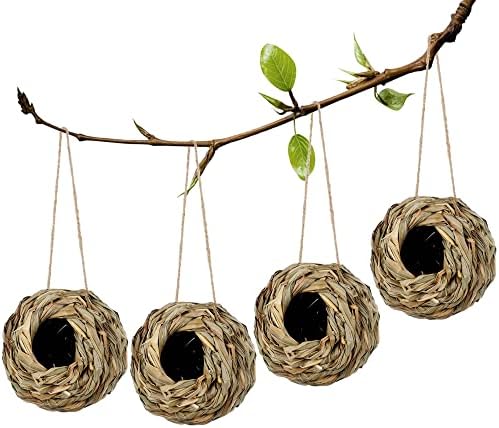 winemana 4 Pack Hanging Bird Nest House for Outside, Ball Shape, Hand Woven, Durable Sturdy, Made of Natural Grass, Perfect for Garden Patio Lawn Office Indoor