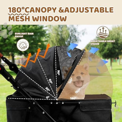 Dog Stroller for Small Pets, All-Terrain 4-Wheel Cat & Dog Carrier with 360° Front Wheels, Adjustable Handle & Canopy|Cup Holder & Storage Basket|Foldable in One Step|Ventilated Design for Comfort