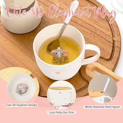 White Elephant Gifts for Women Cute Elephant Mug with 3D elephant Inside Kawaii Ceramic Coffee Mug Tea Cup with Lid Spoon Friendship Birthday Christmas Gifts for Women Men Sisters Friend Coworkers