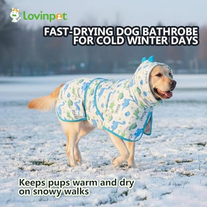 LovinPet 3-in-1 Dog Warm Winter Coat & Bathrobe, White Dinosaur Fleece, L