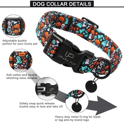 Halloween Dog Collar, UP URARA PUP Cotton Skull Ghost Dog Collar for Small Dog, Fall Pet Collar with Halloween Elements Pattern, Adjustable Puppy Collar,L,Neck 16-24in