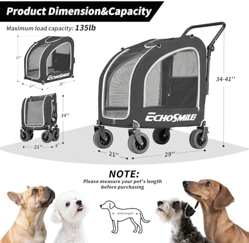 EchoSmile 4-Wheel Pet Stroller for Dogs & Cats, Up to 135 lbs, Black