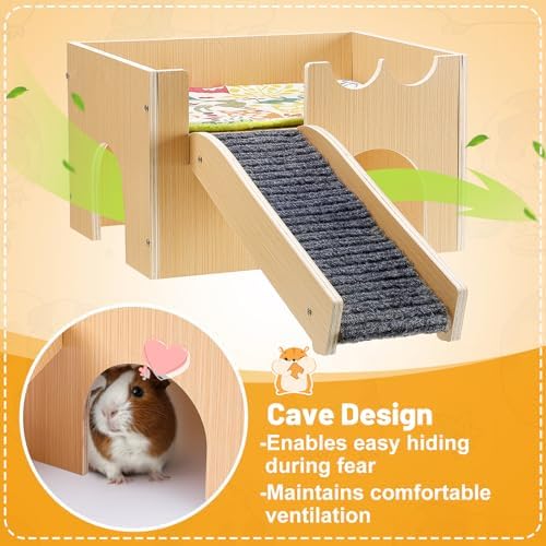 MEWTOGO Upgraded Sturdy Wooden Guinea Pig Castle with Stairs & Mat